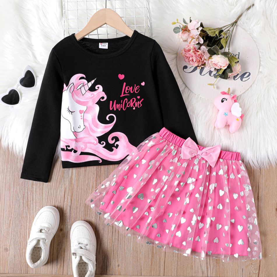 2pcs Kid Girl Unicorn Print Tee and 3d Bowknot Design Heart Glitter Mesh Skirt Set Pink big image 1
