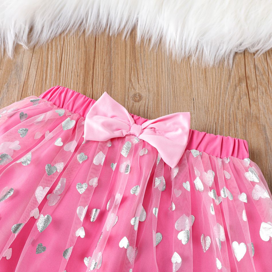 2pcs Kid Girl Unicorn Print Tee and 3d Bowknot Design Heart Glitter Mesh Skirt Set Pink big image 4