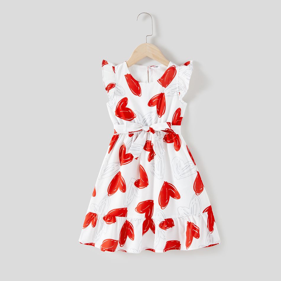 Valentine's Day Mommy and Me Allover Red Heart Print Flutter-sleeve Belted Dresses White big image 6