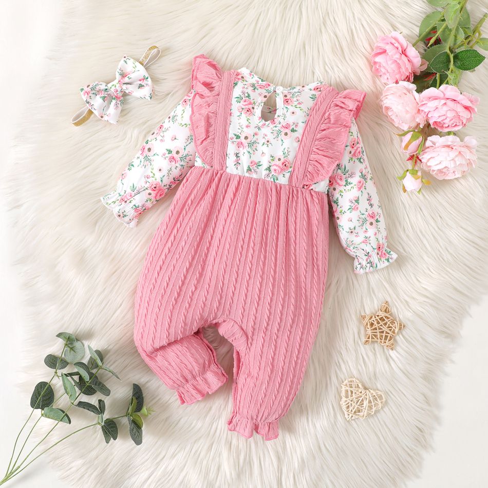 2pcs Baby Girl Long-sleeve Ruffle Trim Bow Front Floral Print Textured Spliced Jumpsuit & Headband Set Pink big image 2