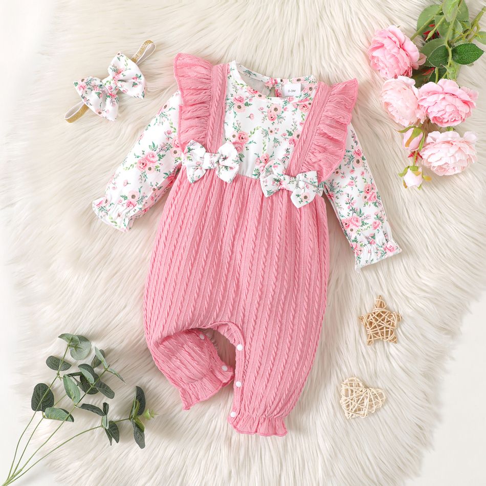 2pcs Baby Girl Long-sleeve Ruffle Trim Bow Front Floral Print Textured Spliced Jumpsuit & Headband Set Pink big image 1