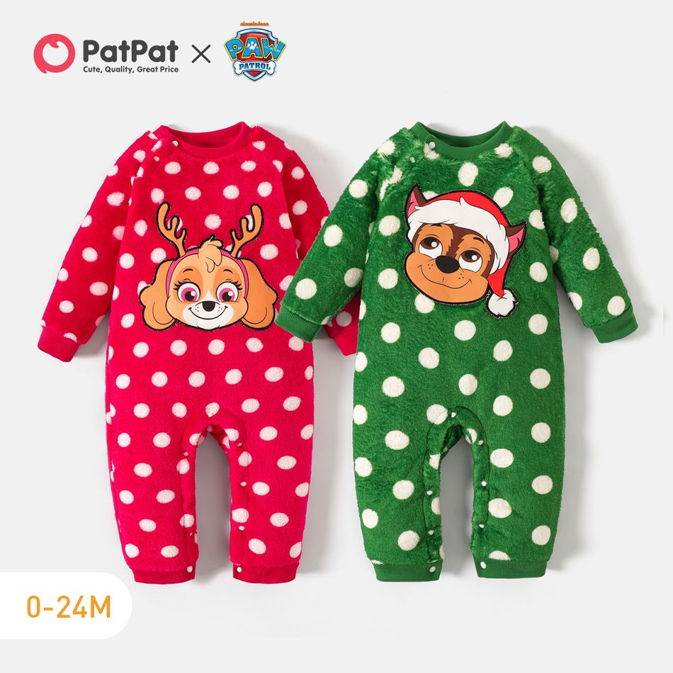 PAW Patrol Little Boy/Girl Animal Design Polka Dots Long-sleeve Thermal Flannel Jumpsuit Red big image 2