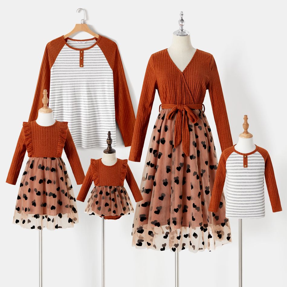 Family Matching Solid Ribbed Spliced Heart Graphic Mesh Dresses and Colorblock Raglan-sleeve Striped T-shirts Sets Orange