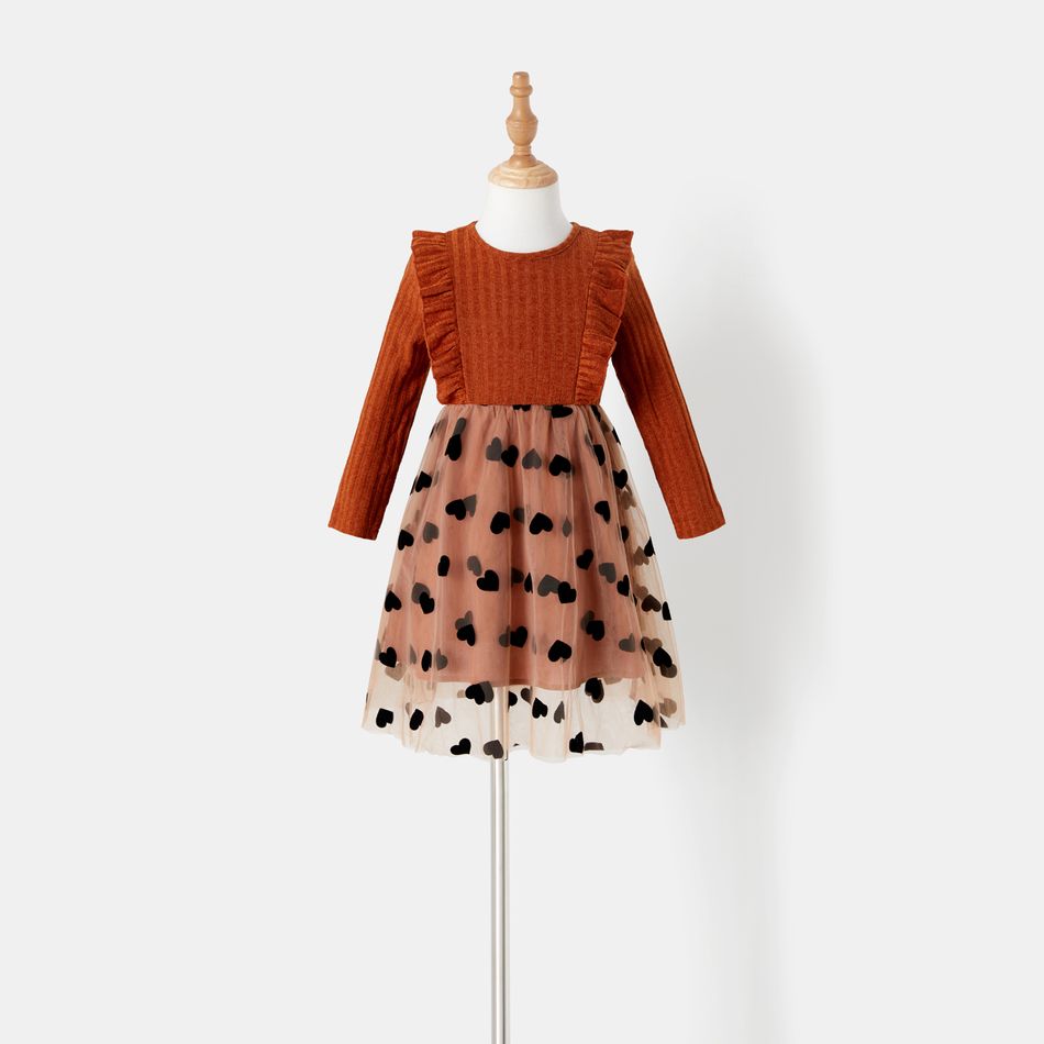 Family Matching Solid Ribbed Spliced Heart Graphic Mesh Dresses and Colorblock Raglan-sleeve Striped T-shirts Sets Orange big image 6
