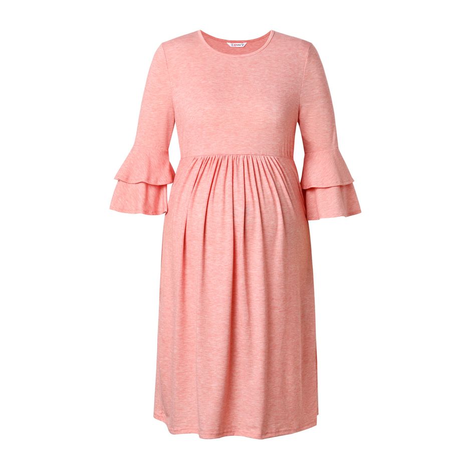 Maternity Ruffle-sleeve Ruched Pink Dress Pink