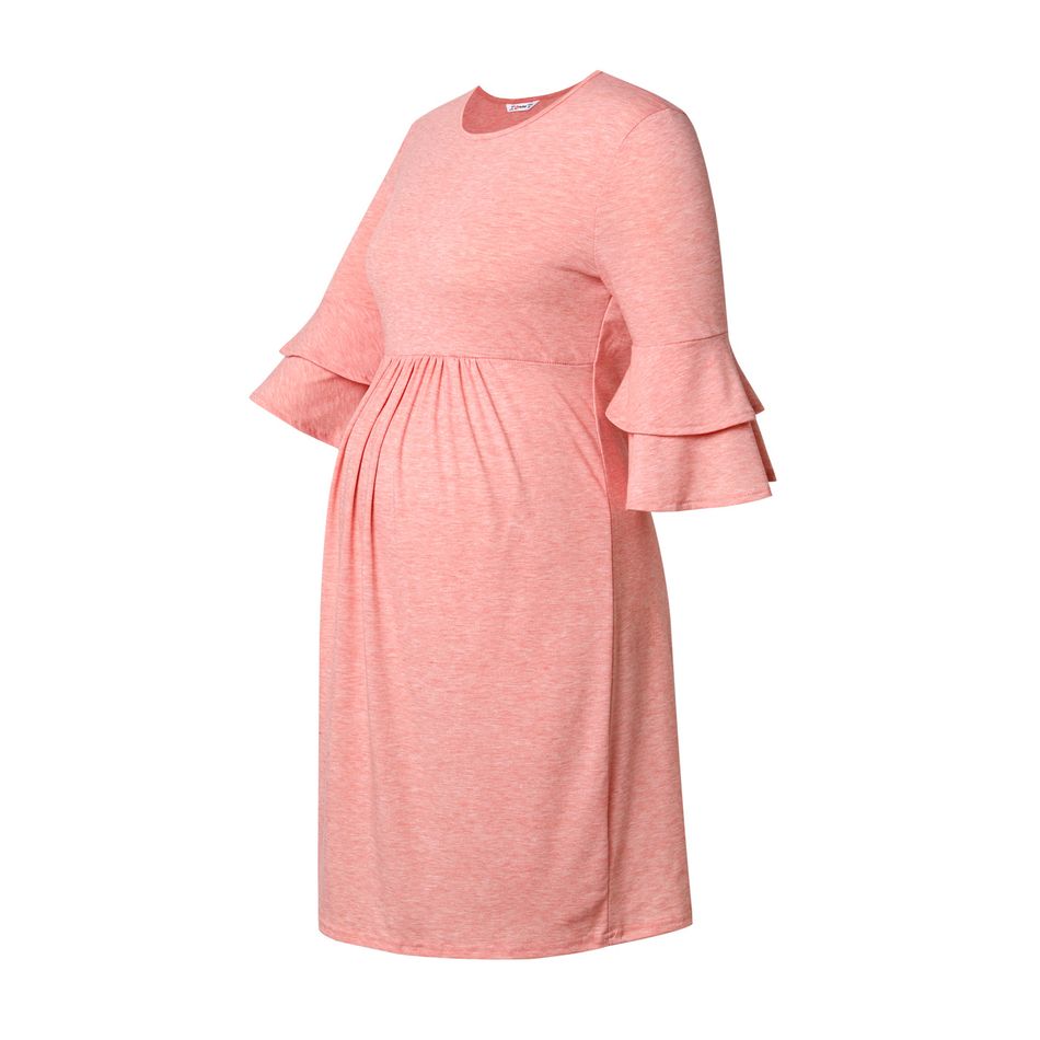 Maternity Ruffle-sleeve Ruched Pink Dress Pink big image 3