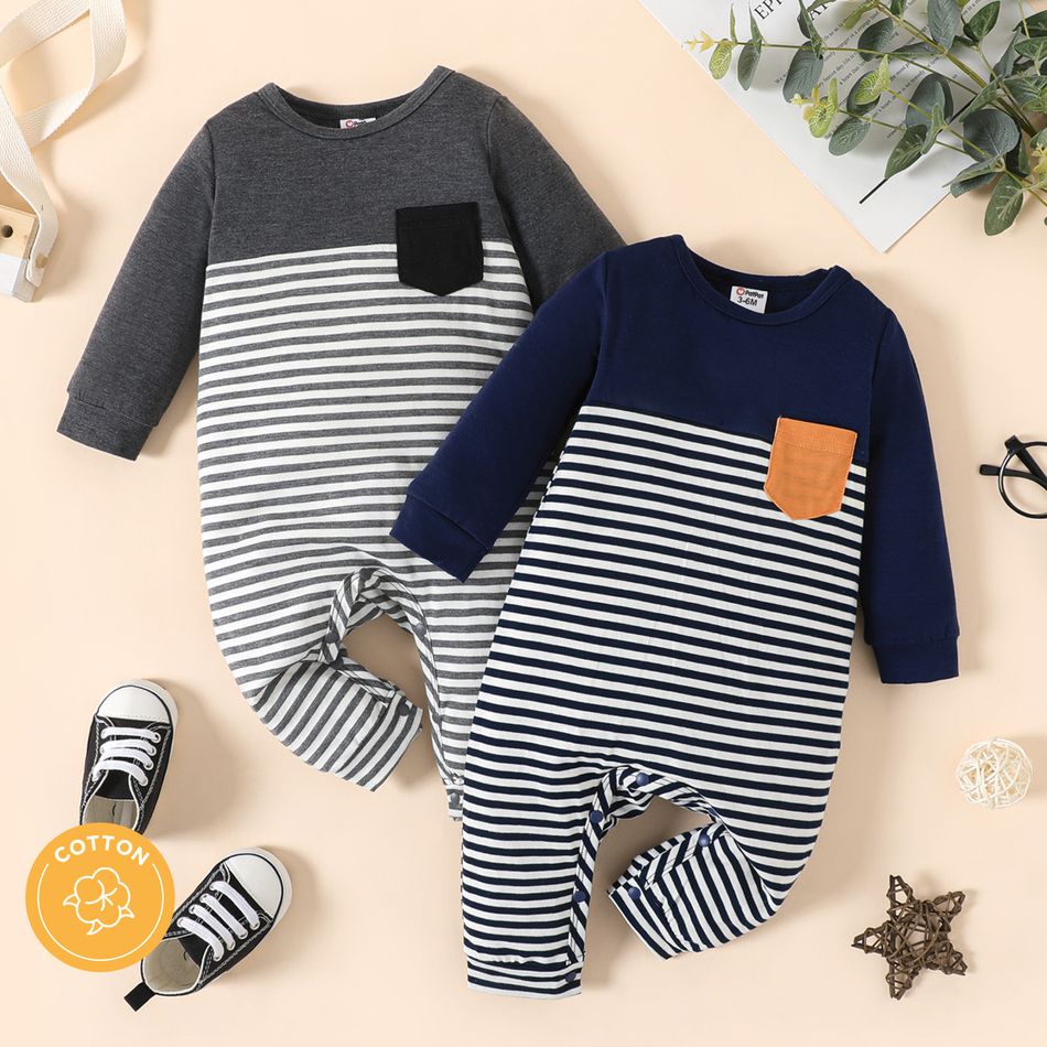 Baby Boy 100% Cotton Striped Spliced Solid Long-sleeve Jumpsuit with Pocket flowergrey big image 3