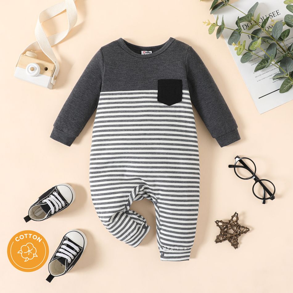 Baby Boy 100% Cotton Striped Spliced Solid Long-sleeve Jumpsuit with Pocket flowergrey