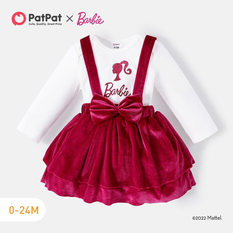 Barbie 2pcs Baby Girl Christmas Long-sleeve Graphic Romper and Layered Velvet Suspender Skirt Set Hot Pink