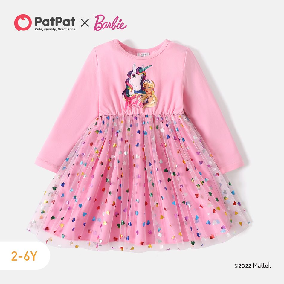 Barbie Toddler Girl Heart Glitter Mesh Splice Long-sleeve Cotton Dress Pink big image 1