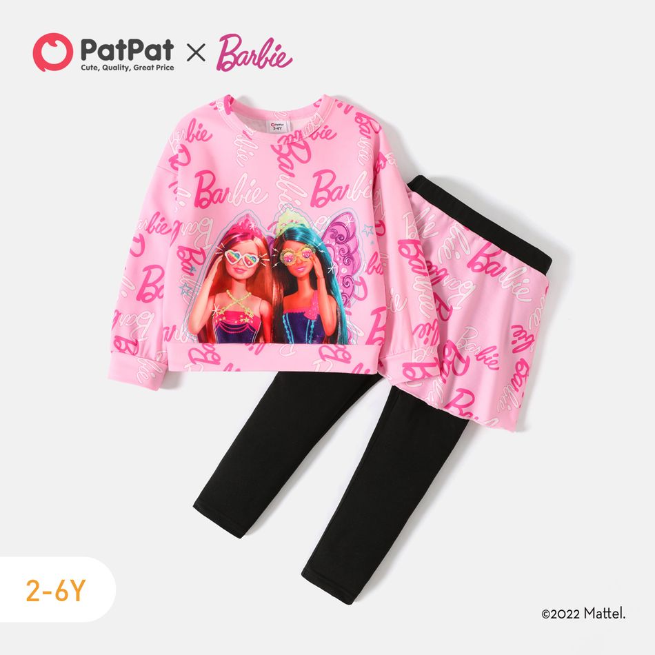 Barbie 2pcs Toddler Girl Allover Print Sweatshirt and Skirt Leggings Set Pink big image 1