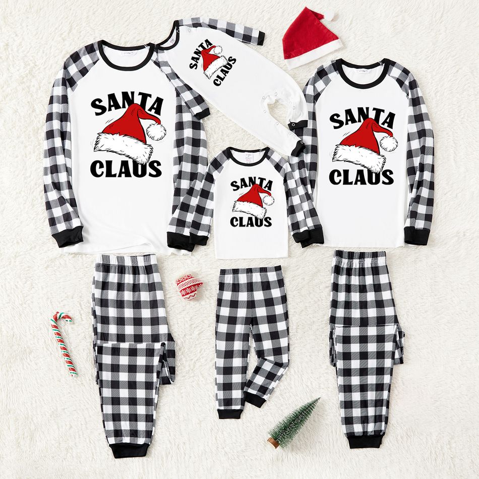 Christmas Family Matching Xmas Hat & Letter Print Black Plaid Raglan-sleeve Snug-fit Pajamas Sets ColorBlock big image 1
