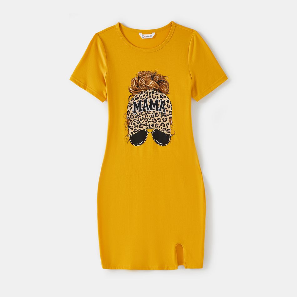 Mommy and Me Leopard Figure Print Yellow Short-sleeve Split Hem Bodycon T-shirt Dresses Yellow big image 2