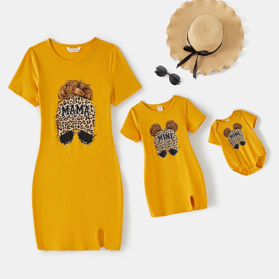 Mommy and Me Leopard Figure Print Yellow Short-sleeve Split Hem Bodycon T-shirt Dresses Yellow big image 1