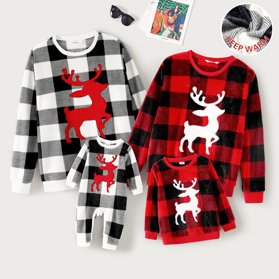 Christmas Family Matching Reindeer Graphic Thickened Flannel Long-sleeve Plaid Tops ColorBlock