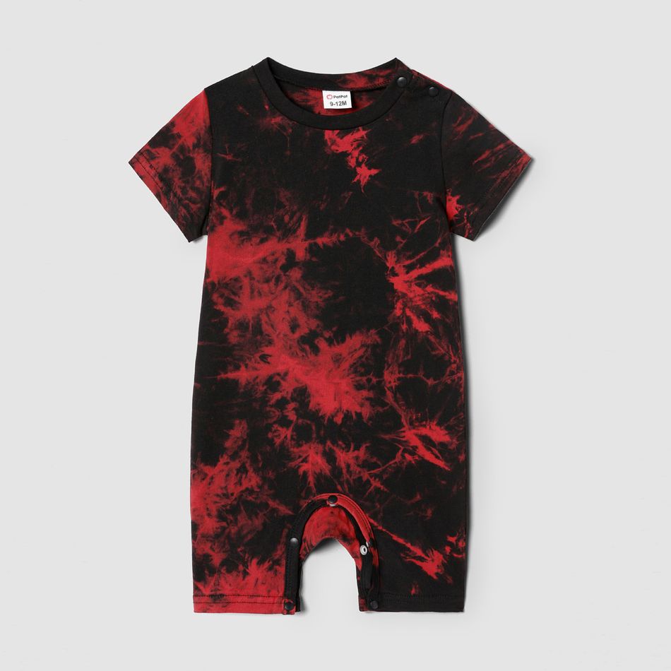Family Matching 100% Cotton Short-sleeve Tie Dye Twist Knot Bodycon Dresses and T-shirts Sets redblack big image 11