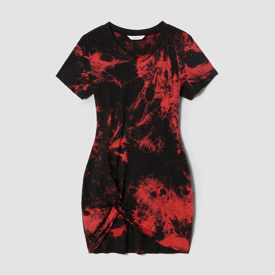 Family Matching 100% Cotton Short-sleeve Tie Dye Twist Knot Bodycon Dresses and T-shirts Sets redblack big image 2