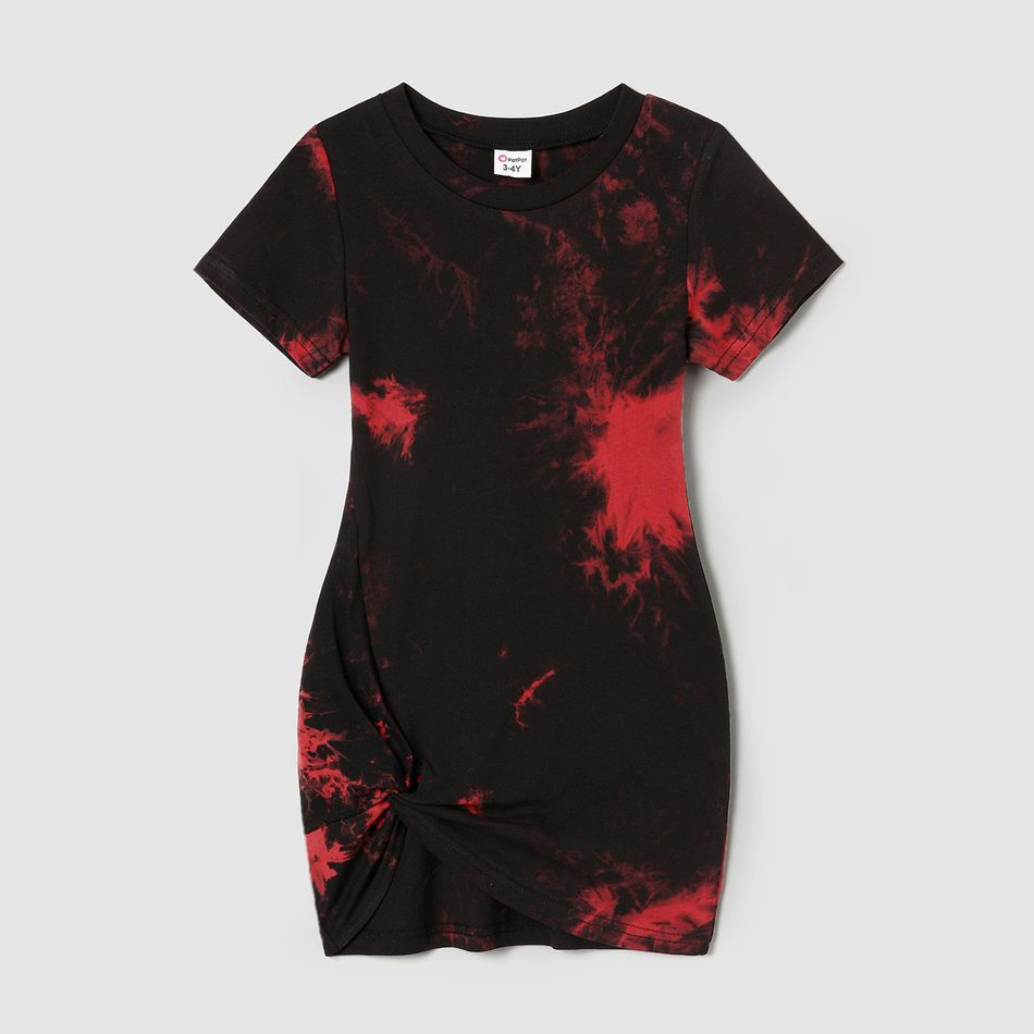 Family Matching 100% Cotton Short-sleeve Tie Dye Twist Knot Bodycon Dresses and T-shirts Sets redblack big image 6