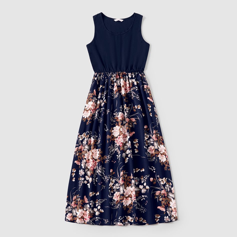 Family Matching Sleeveless Floral Print Spliced Midi Dresses and Short-sleeve Striped T-shirts Sets Blue big image 2