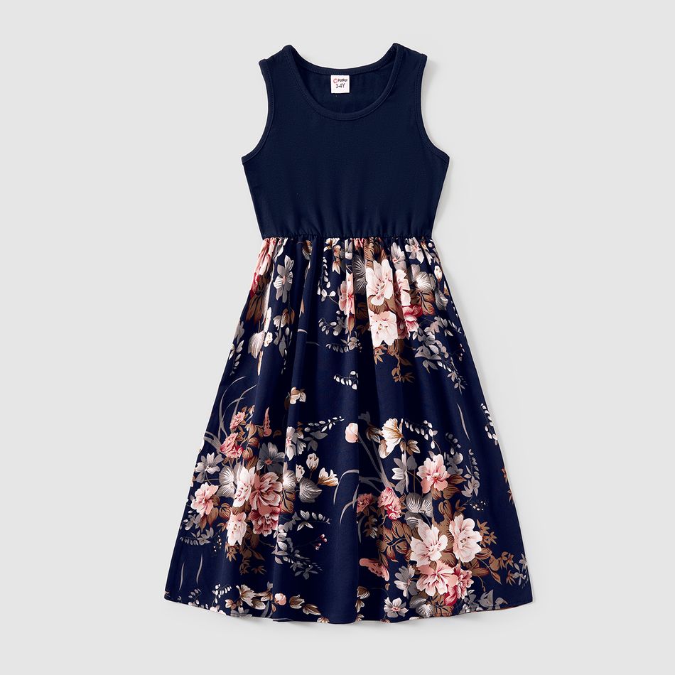 Family Matching Sleeveless Floral Print Spliced Midi Dresses and Short-sleeve Striped T-shirts Sets Blue big image 3