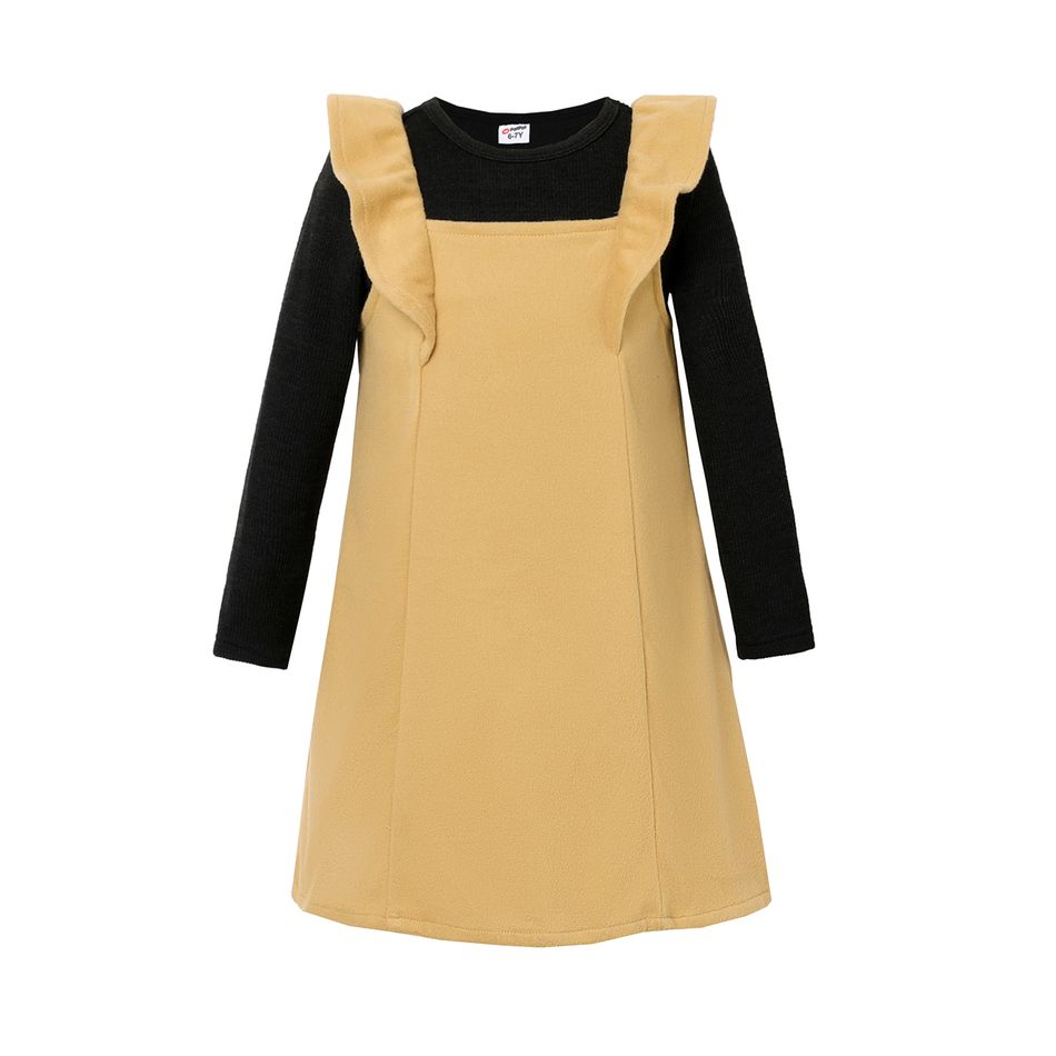 2pcs Kid Girl Ribbed Long-sleeve Black Tee and Ruffled Khaki Overall Dress Set ColorBlock big image 1