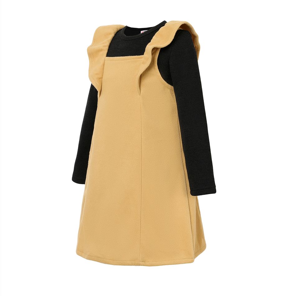 2pcs Kid Girl Ribbed Long-sleeve Black Tee and Ruffled Khaki Overall Dress Set ColorBlock big image 2