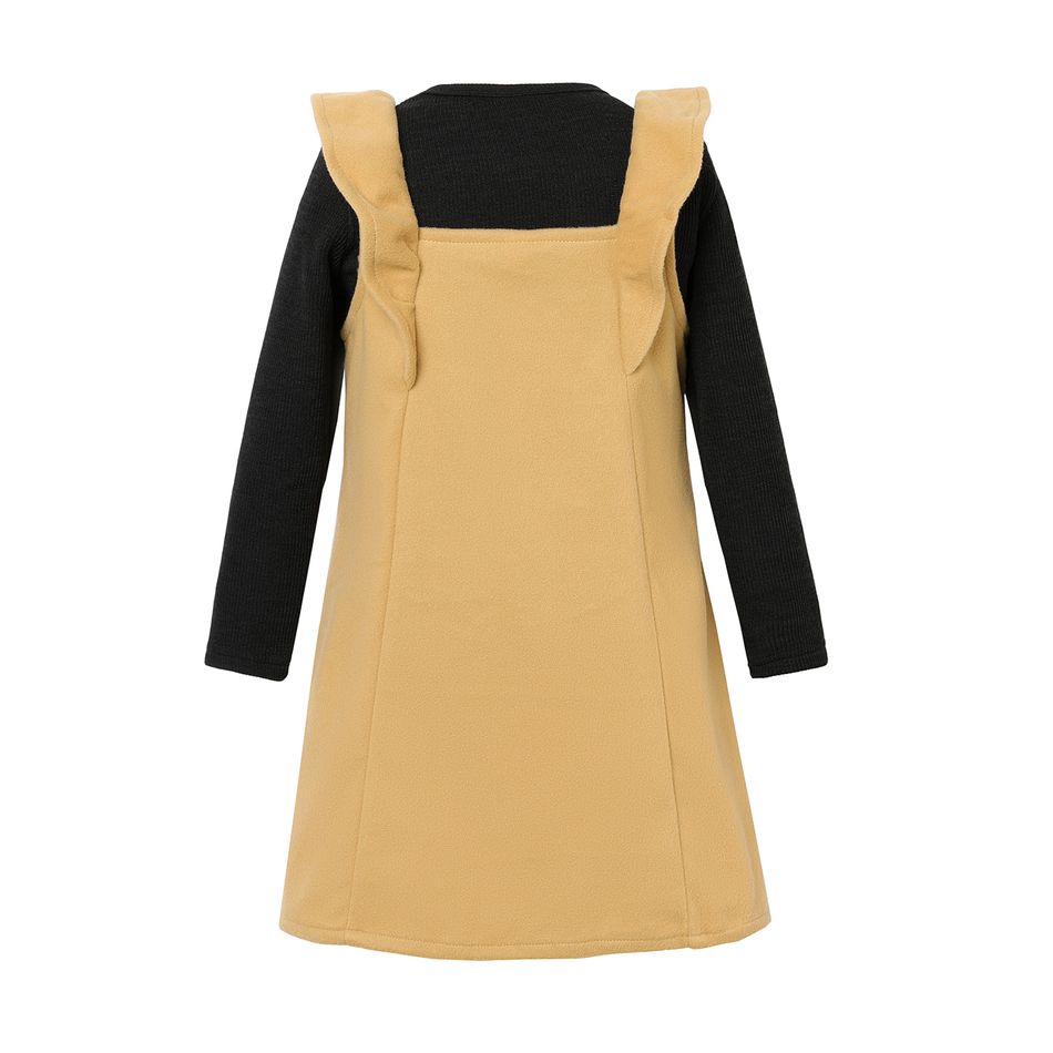 2pcs Kid Girl Ribbed Long-sleeve Black Tee and Ruffled Khaki Overall Dress Set ColorBlock big image 3