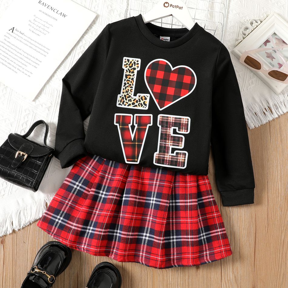 2pcs Kid Girl Valentine's Day Letter Embroidered Sweatshirt and Red Plaid Skirt Set Black big image 2