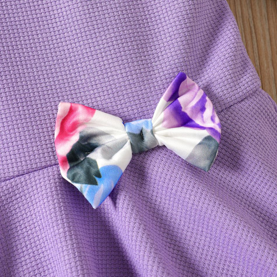 2pcs Kid Girl 3D Bowknot Design High Low Tee and Floral Print Leggings Set Purple big image 3