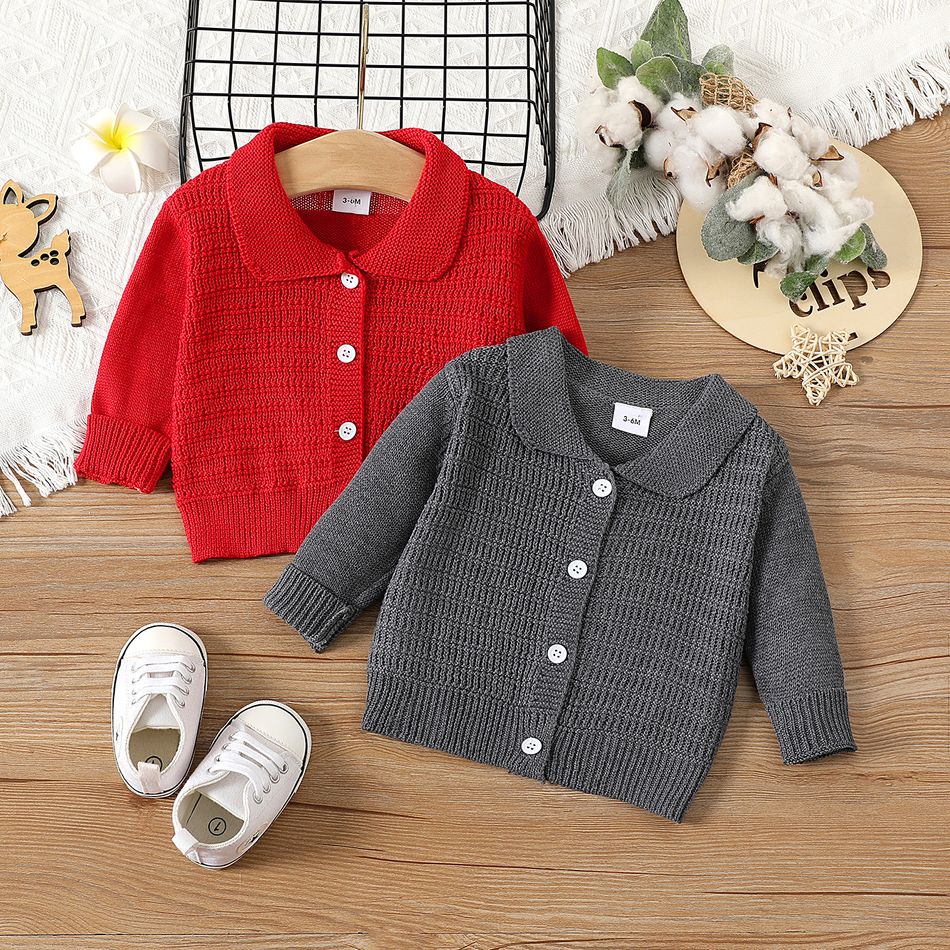 Baby Boy/Girl Solid Knitted Long-sleeve Button Front Cardigan Sweater Red big image 6