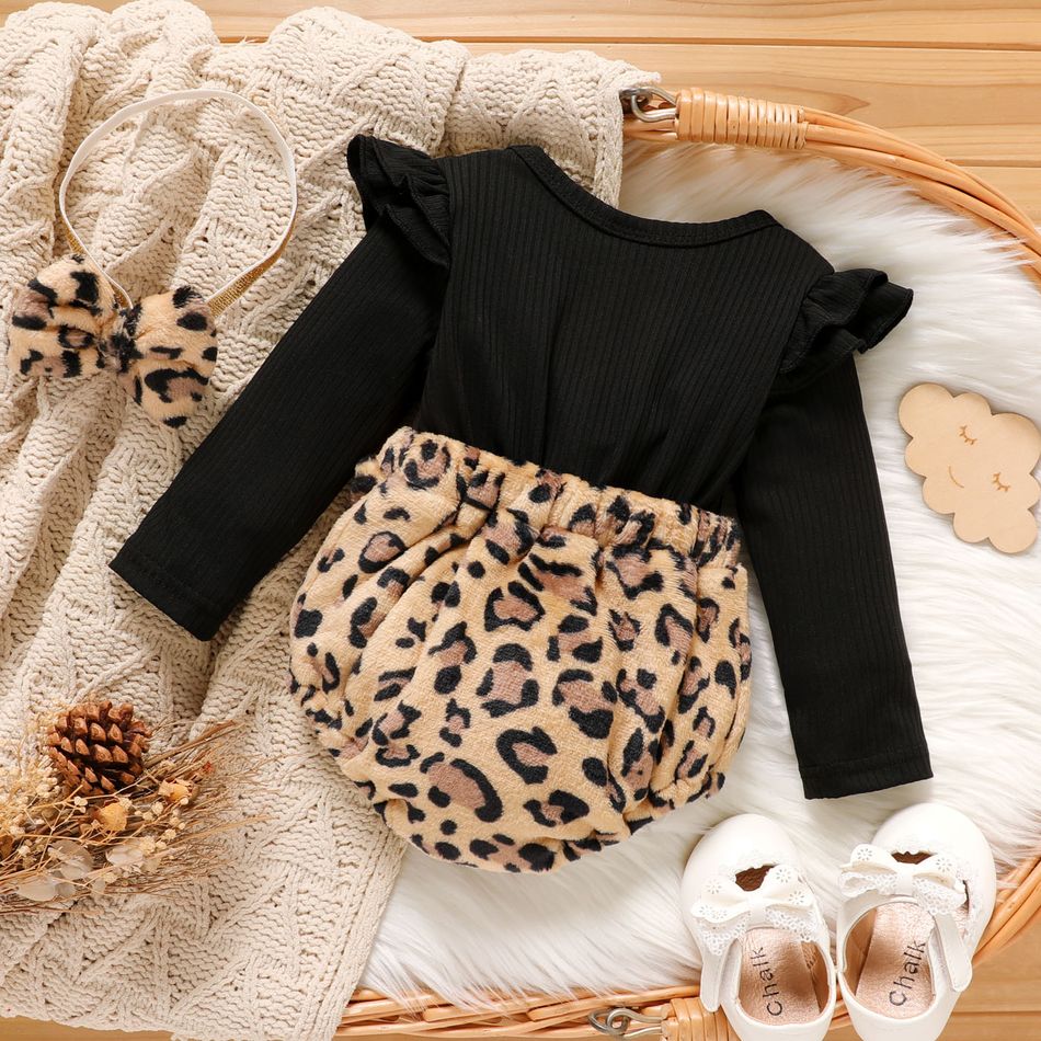 2pcs Baby Girl Leopard Fuzzy Spliced Ribbed Ruffle Long-sleeve Faux-two Romper with Headband Set Black big image 3