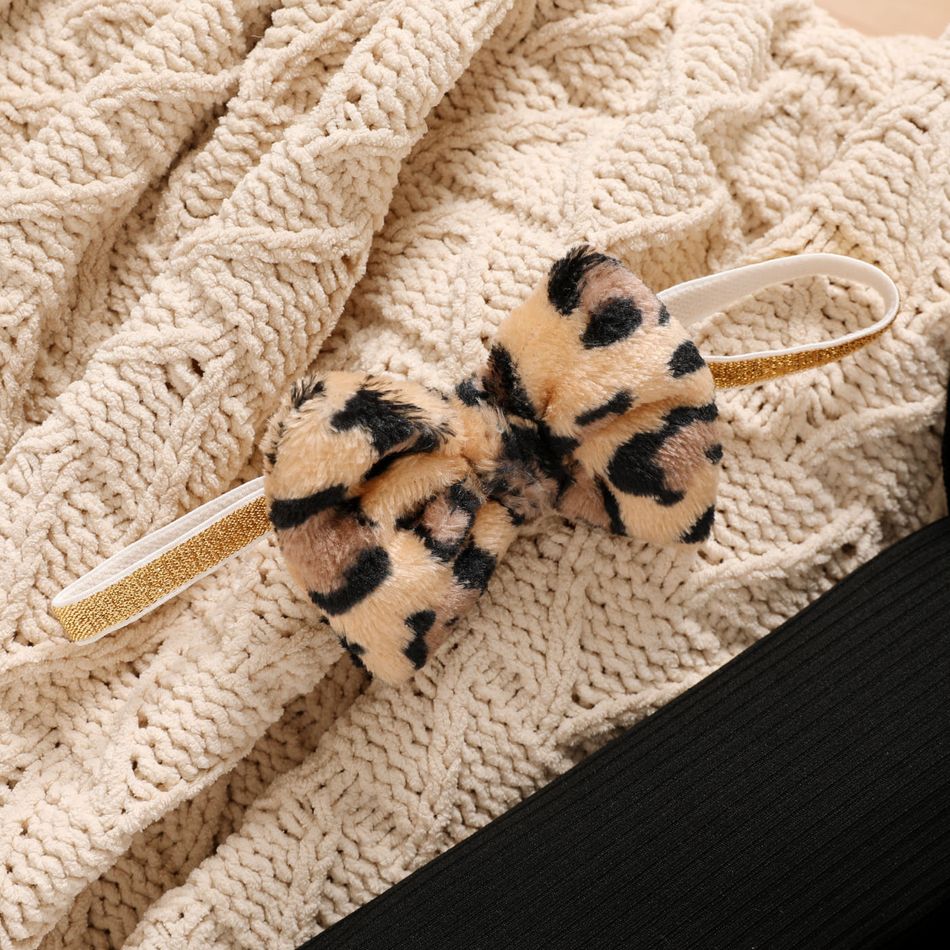 2pcs Baby Girl Leopard Fuzzy Spliced Ribbed Ruffle Long-sleeve Faux-two Romper with Headband Set Black big image 2