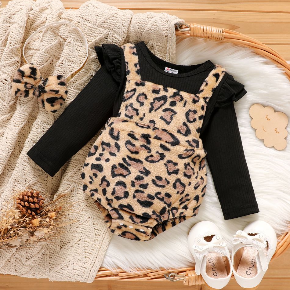 2pcs Baby Girl Leopard Fuzzy Spliced Ribbed Ruffle Long-sleeve Faux-two Romper with Headband Set Black