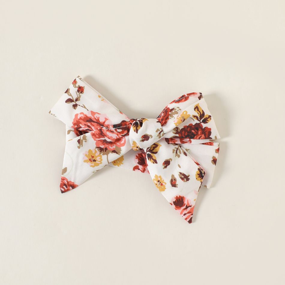 2pcs Baby 95% Cotton Ribbed Long-sleeve Ruffle Bowknot Splicing Floral Print Dress with Headband Set Ginger big image 5