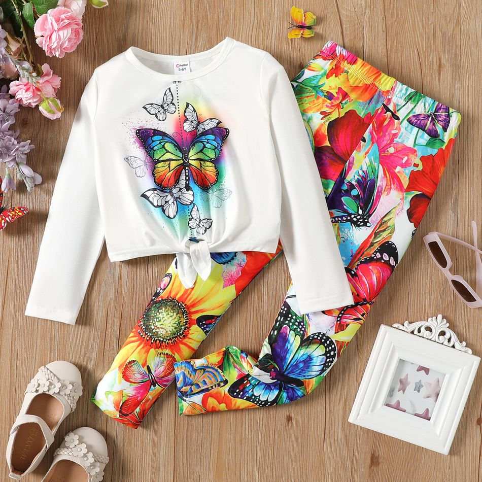 2pcs Kid Girl Butterfly Print Tie Knot Tee and Floral Print Leggings Set White