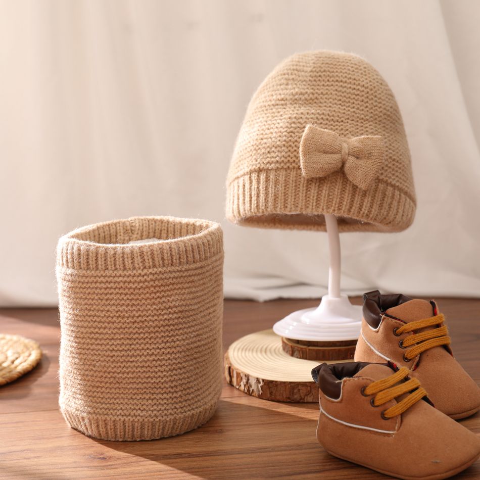 2-pack Baby / Toddler Bow Decor Beanie Hat & Infinity Scarf Set Khaki