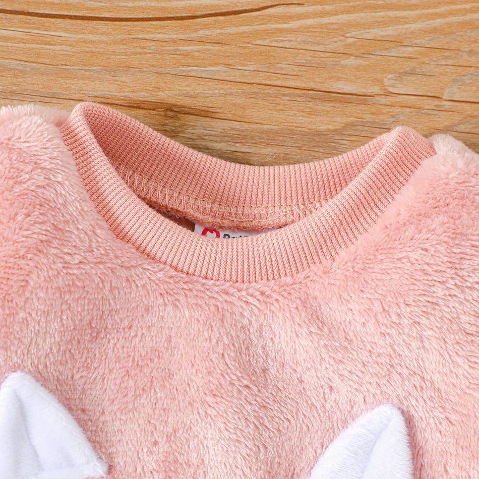 2pcs Baby Girl Animal Embroidered Long-sleeve Fuzzy Sweatshirt and Leopard Pants Set Pink big image 3