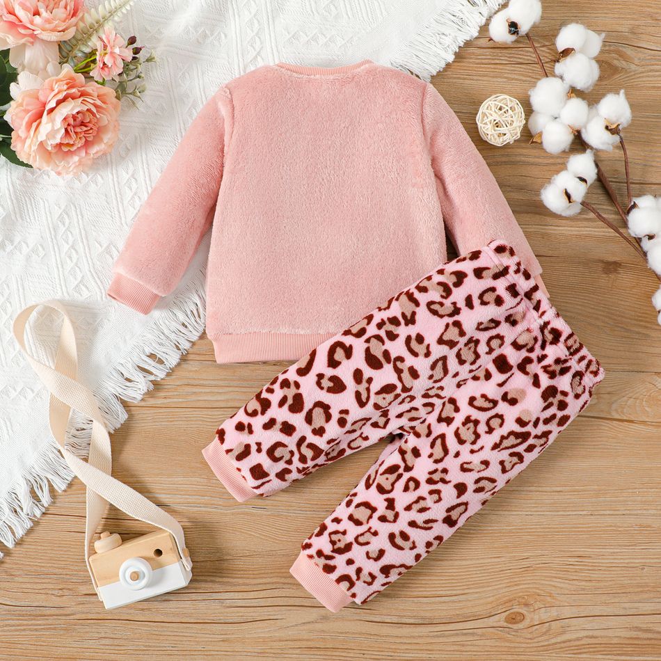 2pcs Baby Girl Animal Embroidered Long-sleeve Fuzzy Sweatshirt and Leopard Pants Set Pink big image 2