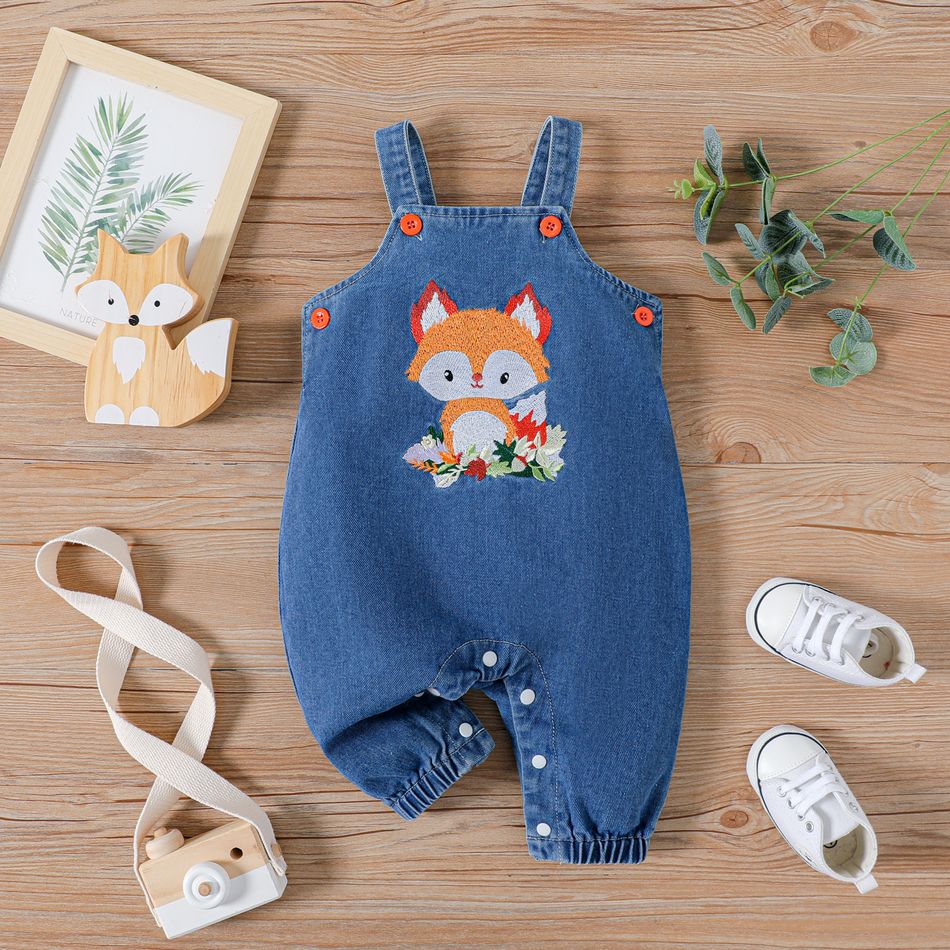 Baby Boy/Girl Fox Embroidered Denim Overalls Light Blue big image 1