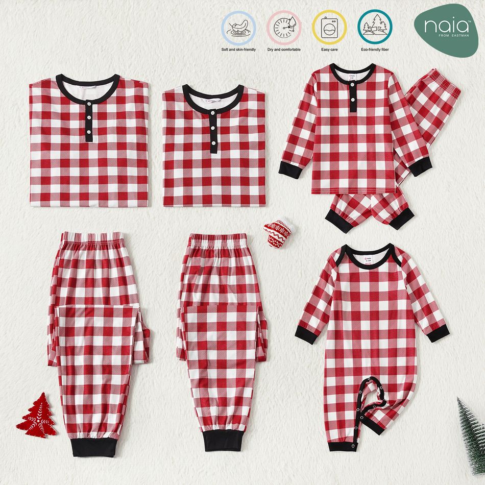Christmas Family Matching Red Plaid Print Long-sleeve Naia Pajamas Sets (Flame Resistant) WineRed big image 1