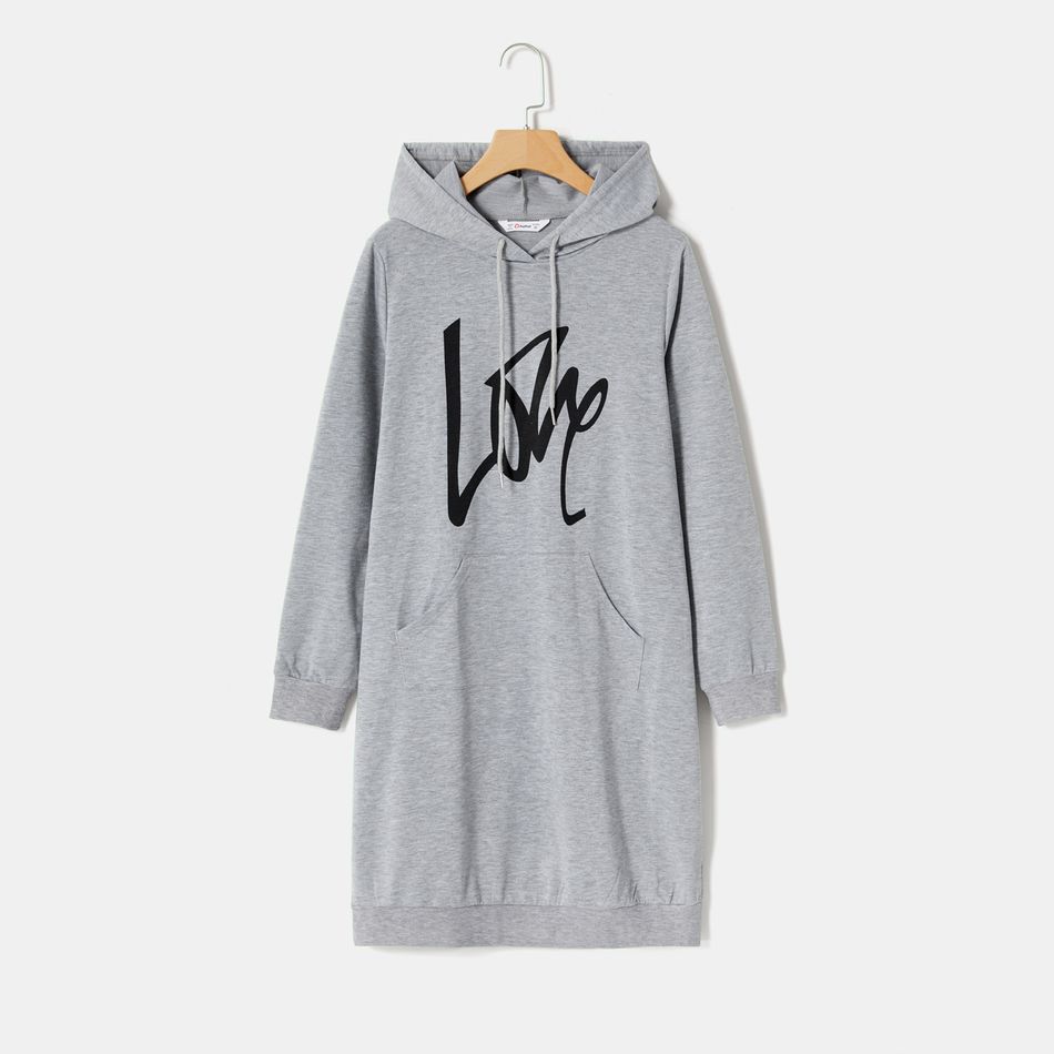 Mommy and Me Letter Print Grey Long-sleeve Hoodie Dress Grey big image 2