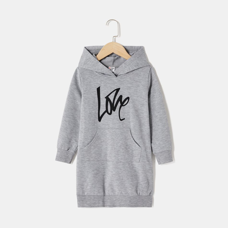 Mommy and Me Letter Print Grey Long-sleeve Hoodie Dress Grey big image 6