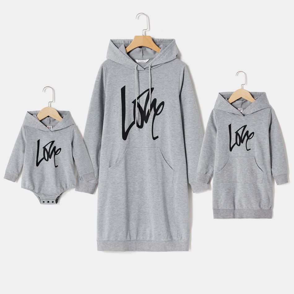 Mommy and Me Letter Print Grey Long-sleeve Hoodie Dress Grey