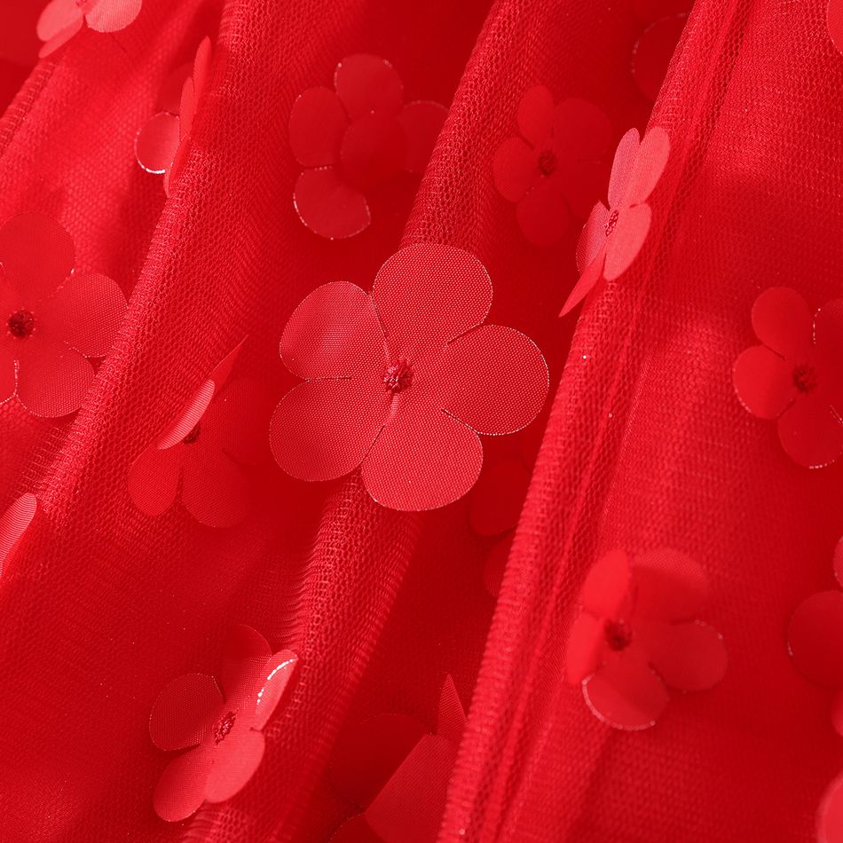 2pcs Kid Girl Christmas Figure Print Tee and 3D Floral Design Red Mesh Skirt Set Red big image 3