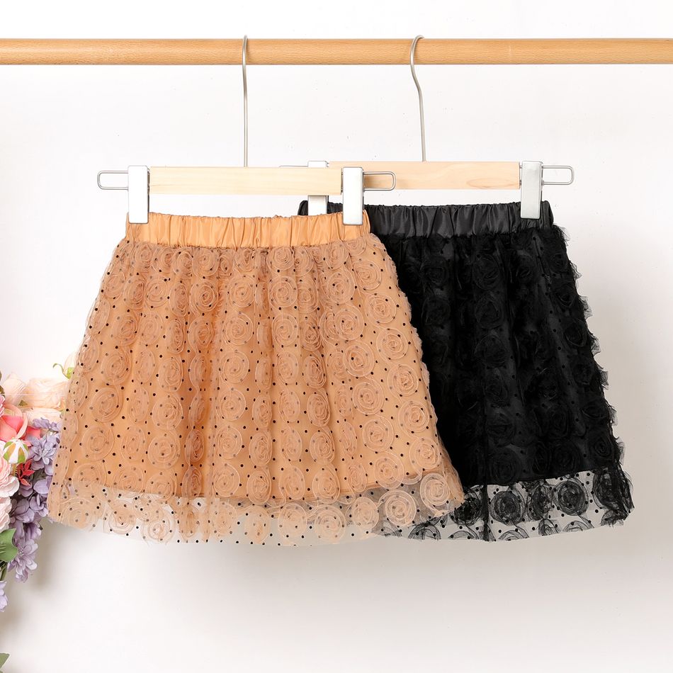 Kid Girl Polka dots 3D Floral Design Elasticized Mesh Skirt Black big image 2