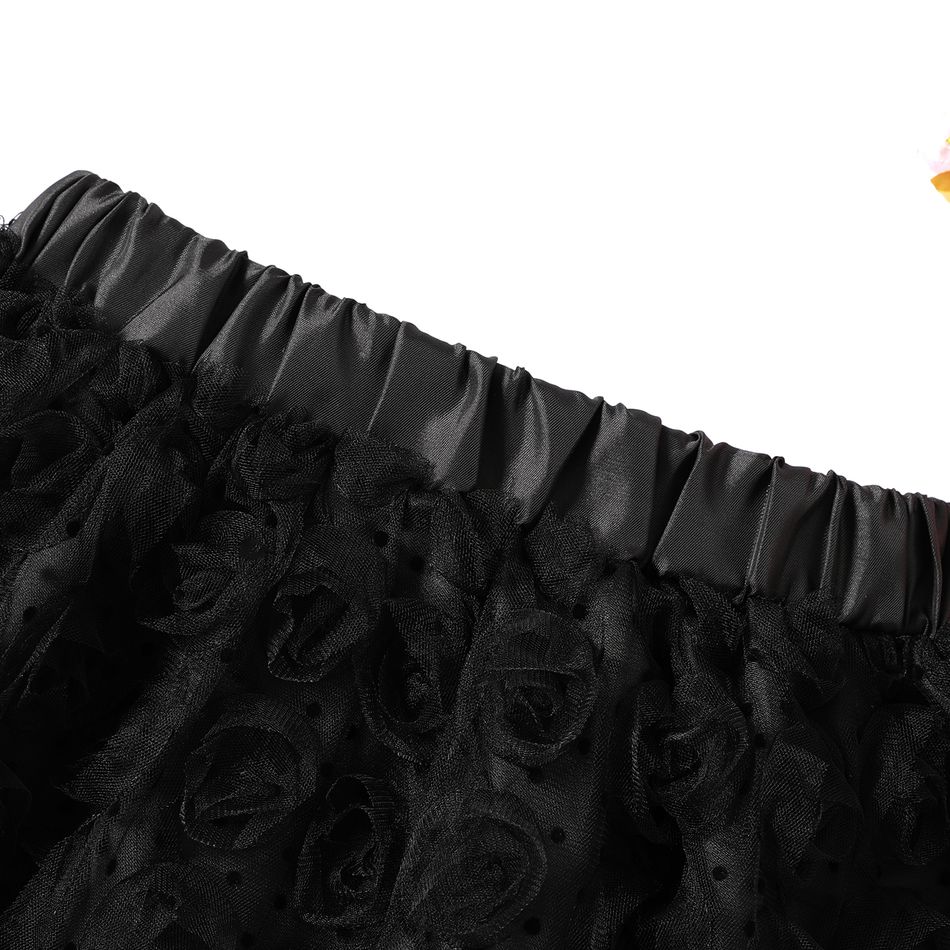 Kid Girl Polka dots 3D Floral Design Elasticized Mesh Skirt Black big image 3