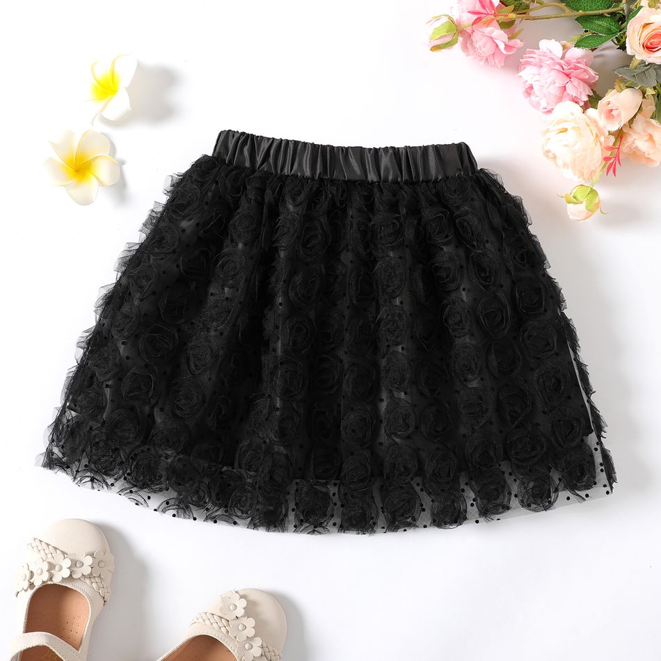 Kid Girl Polka dots 3D Floral Design Elasticized Mesh Skirt Black big image 1