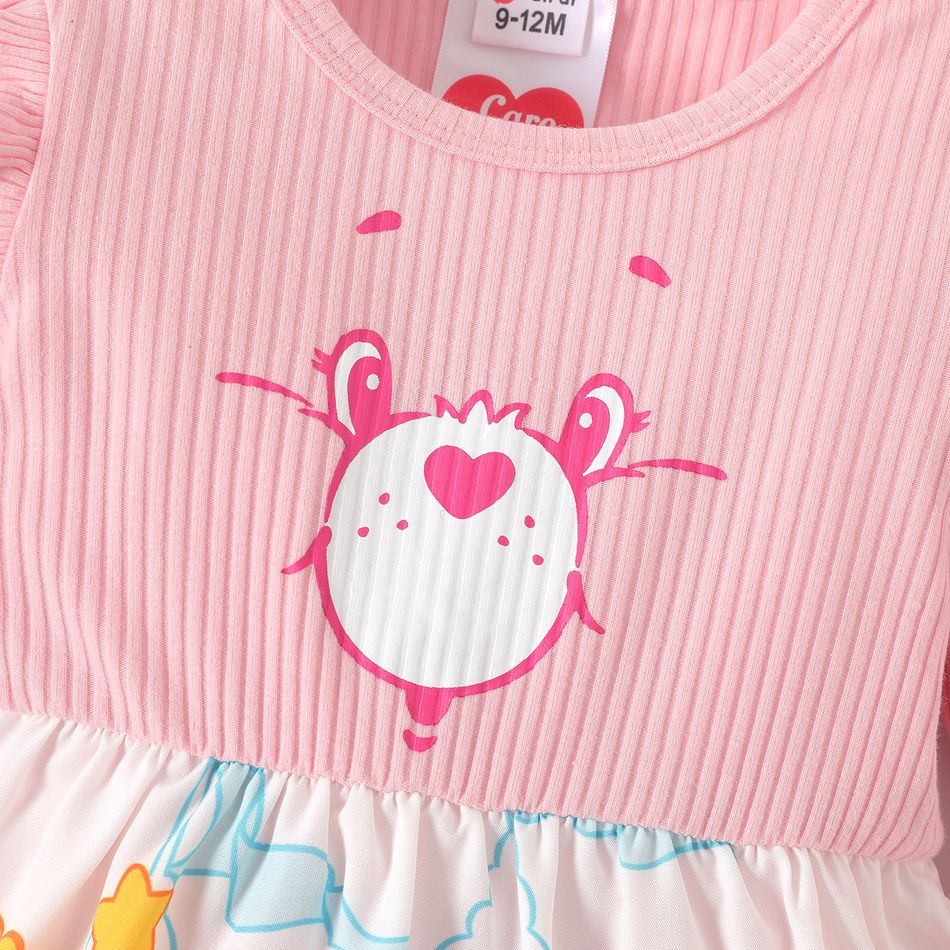 Care Bears Baby Girl Ribbed Ruffle Long-sleeve Spliced Bear Print Romper Pink big image 2