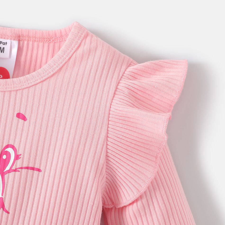 Care Bears Baby Girl Ribbed Ruffle Long-sleeve Spliced Bear Print Romper Pink big image 4