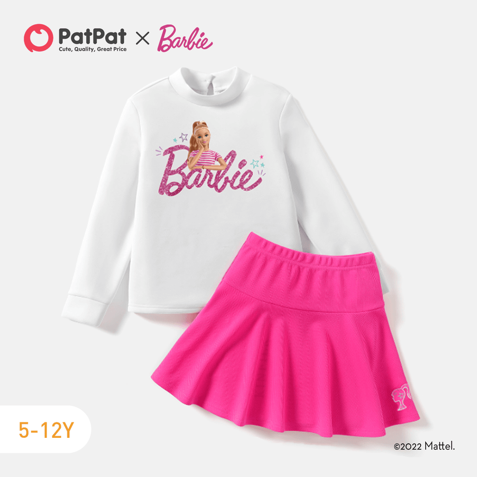 Barbie 2pcs Kid Girl Mock Neck Long-sleeve Tee and Skirt Set White